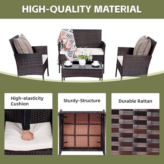 Patio Furniture Set,4 Piece Garden Conversation Set, Outdoor Wicker Rattan Table and Chairs, Black Patio Set, Sectional Sofa with Thick Cushion for Garden, Yard, or Porch (Brown/Beige)