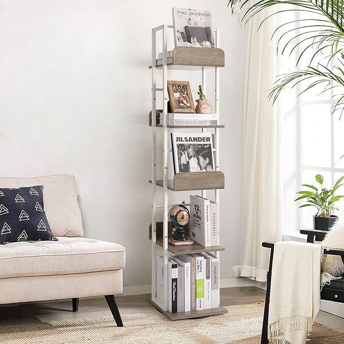 Bikoney Bookshelves 5-Tier, Rotating Bookshelf Tower for Corner, Small Bookcase, Tall Industrial Bookshelf, Narrow Bookshelf, Wood and Metal White