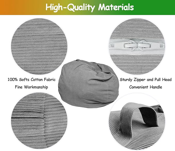 Premium Corduroy Stuffed Animal Storage Bean Bag Chair Cover (No Filler) for Organizing Plush Toys Or Textile Stuffable Bean Bag Sack for Adults Teens Children Lazy Chair Playroom Washable Cover