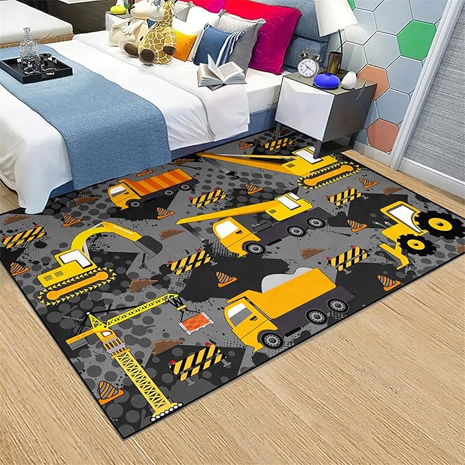 Construction Rugs for Boys Room Play Rug for Cars and Trucks Car Rug Play Mat Kids Rugs for Playroom Car Rug for Boys Room Construction Decor for Boys Room,Grey 4'×5'