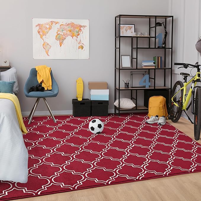 Chicrug Shag Geometric 6x9 Area Rug for Living Room, Large Modern Memory Foam Indoor Carpet, Fluffy Rug for Bedroom Bedside Room Decor for Family Girls Kids Nursery, Wine Red/White