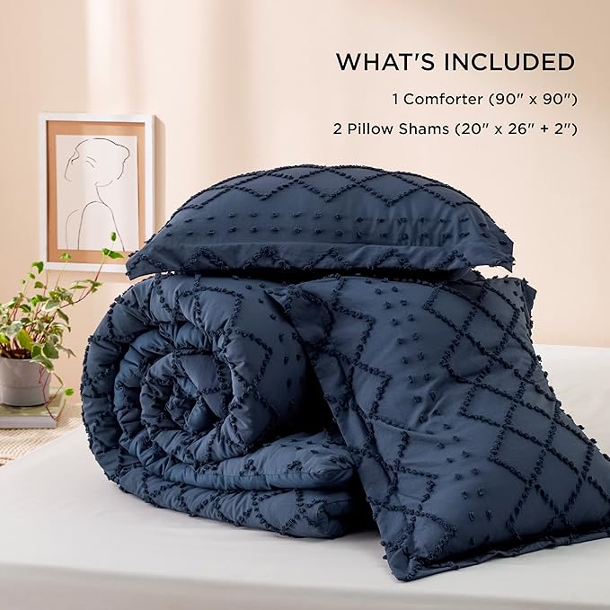 Bedsure Queen Comforter Set - Navy Blue Comforter, Boho Tufted Shabby Chic Bedding Comforter Set, 3 Pieces Vintage Farmhouse Bed Set for All Seasons, Fluffy Soft Bedding Set with 2 Pillow Shams
