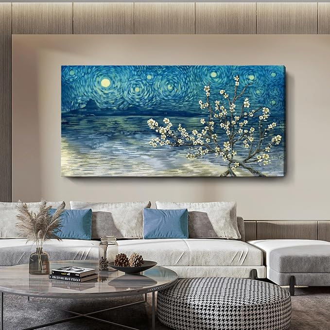 amatop Extra Large Wall Art Floral Tree Canvas Print for Living Room Bedroom Office– Oversized Plum Blossom Lake Landscape Picture Modern Blue Teal Nature Artwork Decor 58x29 Inch