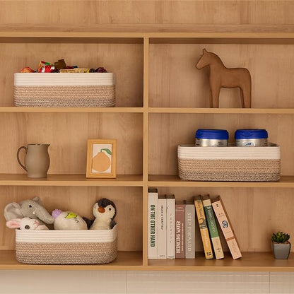 Large Shallow Organizing Baskets 15x11x5.1 Inches - Rope Woven Storage Bins for Bathroom, Shelves, Cube Closet, Gradient Brown 2 Packs