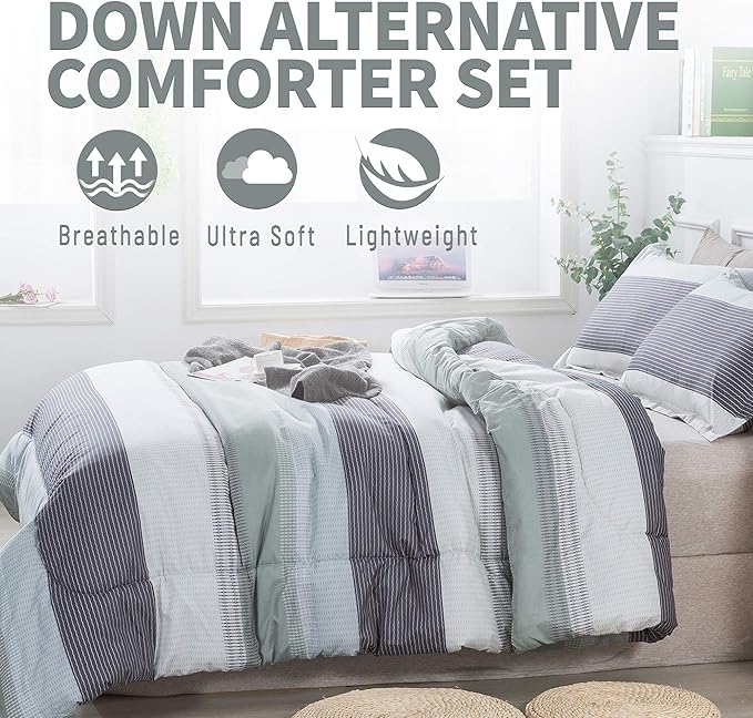 Andency Stripe Comforter Set Queen Size (90x90 Inch), 3 Pieces Mint Green Patchwork Striped Comforter, Soft Microfiber Down Alternative Comforter Bedding Set with Corner Loops