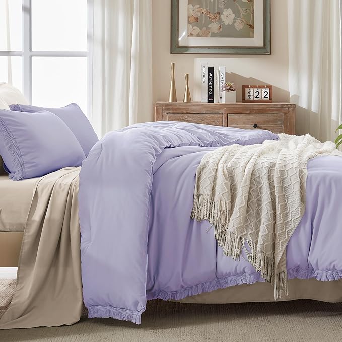 Andency Full Size Comforter Set Lavender, Purple 3 Pieces Boho Lightweight Bedding Comforters & Sets, All Season Soft Tassel Bed Set (78x90In Comforter & 1 Pillowcase)