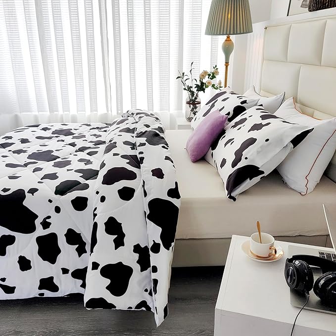 SDY 3 Pieces Milk Cow Print Stuff Bedding Comforter Set Full with 2 Pillowcases for Kids Teens Girls Women, Microfiber, Easy Wash, Light Breathable Cozy White Base Cute Milk Cow Pattern, Full Size…