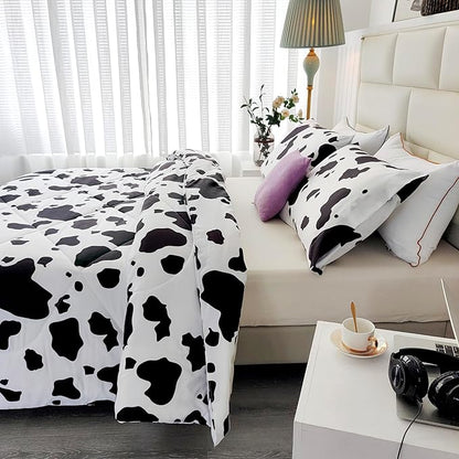 SDY 3 Pieces Milk Cow Print Stuff Bedding Comforter Set with 2 Pillowcases for Kids Teens Girls Women, Microfiber, Easy Wash, Light Breathable Cozy White Base Cute Milk Cow Pattern, Twin Size
