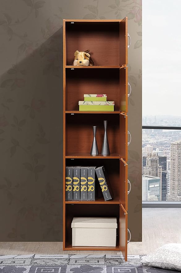 HODEDAH 5 Door Bookcase Cabinet, Cherry
