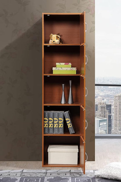 HODEDAH 5 Door Bookcase Cabinet, Cherry