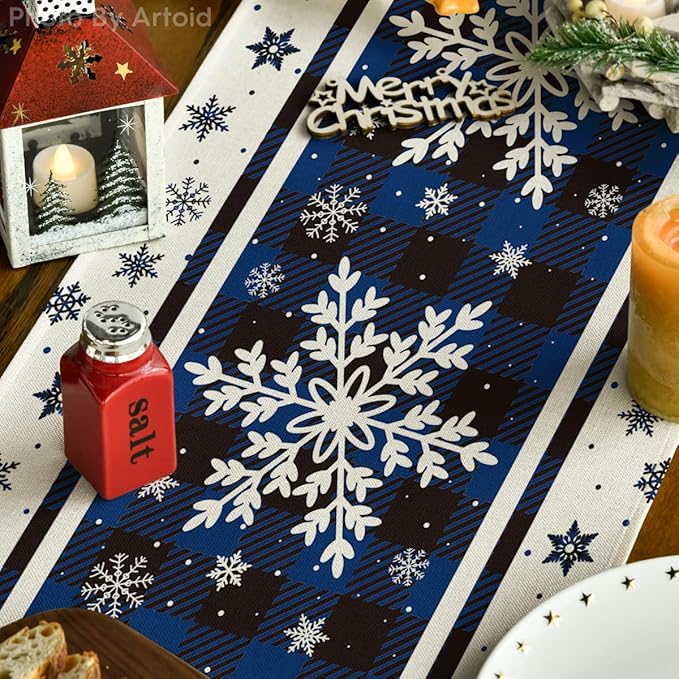 Artoid Mode Buffalo Plaid Snowflakes Blue Christmas Table Runner, Seasonal Winter Kitchen Dining Table Decoration for Home Party Decor 13x120 Inch