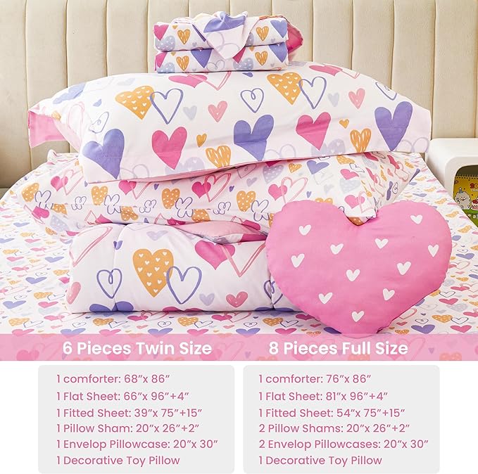 Mooreeke Full Size Comforter Sets for Girls Kids, 8 Pieces Bed in a Bag Pink Heart Bedding Comforter Sheet Set with Shams and Decorative Toy Pillow, Ultral Soft Microfiber Kids Bed Set