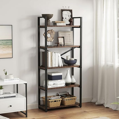 5 Tier Bookshelf Rustic Industrial Style, Storage Shelves, Metal Book Shelves Bookcase Book Shelf Display Shelf for Home Office, Living Room, Bedroom, Kitchen (23.6" W, Brown)