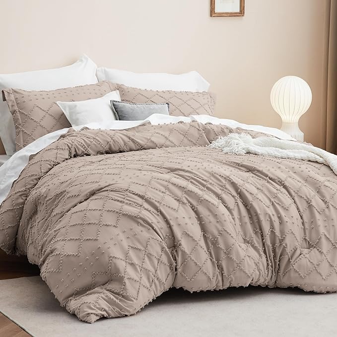 Bedsure Twin/Twin XL Comforter Set - Taupe Boho Twin Extra Long Comforter Set for College, Shabby Chic Dorm Bedding Set, 2 Pieces Modern Farmhouse Bed Set, includes 1 Pillow Sham