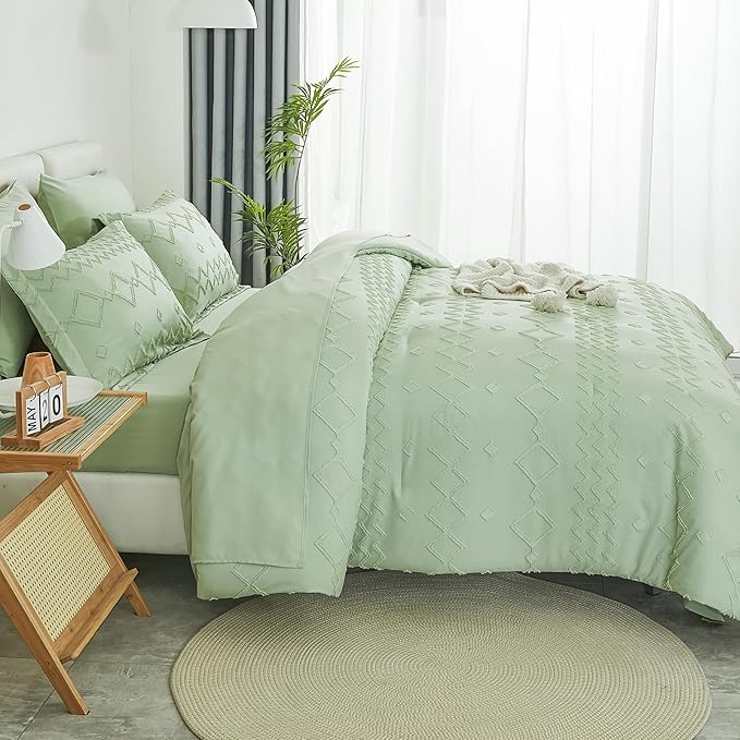 EMME Twin Comforter Set - 5 Pcs Sage Green Boho Bedding Sets, Tufted Comforter with Sheets, Shabby Chic Embroidery Twin Bed Set Fluffy Bed Bag for All Season(68"X90")