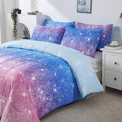 Rainbow Glitter Comforter Set Full/Queen Size for Girls, Sparkle Galaxy Twinkle StarlightTeen,3pc Aqua Blue Purple Pink Ombre Pastel Bedding with 2 Pillow Cases(Rainbow,Queen), Queen(3-Piece)