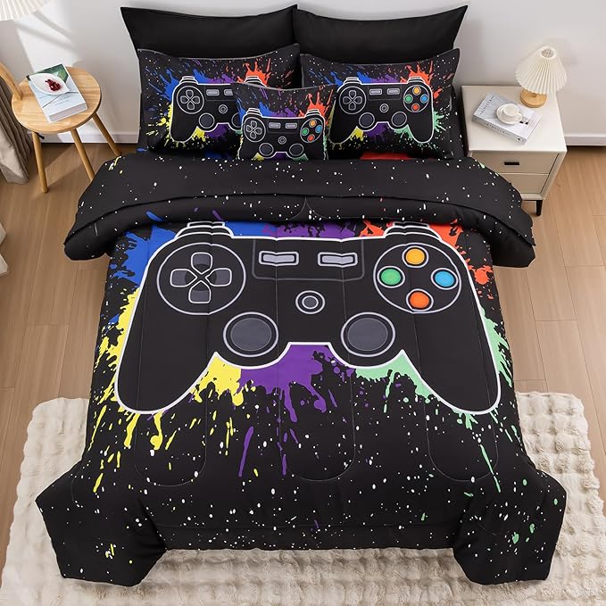 8Pcs Gamer Comforter Set with Sheets for Boys Girls Kids Teens, Colorful Graffiti Gaming Themed Bed in A Bag Full Size, Black 3D Video Game Controller Bedroom Decor Bedding Set-Black