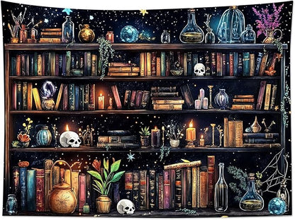 HVEST Magic Bookshelf Tapestry Wall Hanging Vintage Bookshelf Witchy Books Plant Skull Gothic Halloween Tapestry Aesthetic Starry Sky Tapestries for Bedroom Living Room Dorm, 51L x 59W Inches