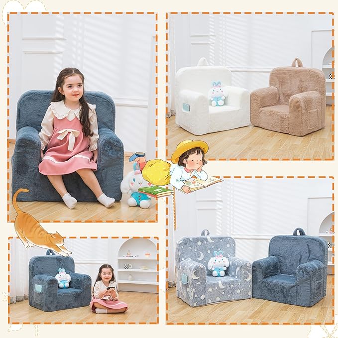 Snuggly-Soft Cuddly Toddler Plush Armchair for Boys and Girls Fuzzy Plush Kids Sofa Couch Reading Chair with Children Friendly Handle for Easy Movement & Double Pockets for Storage, Dark Grey