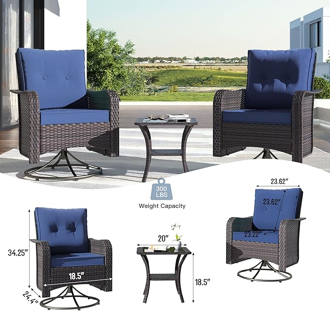 Kullavik 11PCS Outdoor Patio Furniture Set,PE Wicker Rattan Sectional Sofa Patio Conversation Sets with 43" 55000BTU Gas Propane Fire Pit Table,Swivel Rocking Chairs Set,Navy Blue