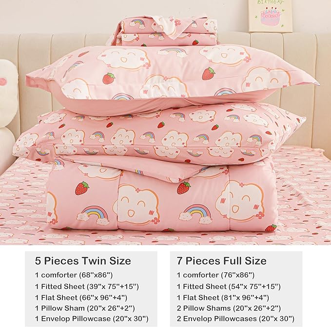 Mooreeke Bed in a Bag for Kids Girls Teens, 5 Pieces Twin Size Comforter Bed Set with Shams, Sheet Set, Rainbow Cloud Strawberry Pink Super Soft Microfiber Kids Comforter Bedding Set