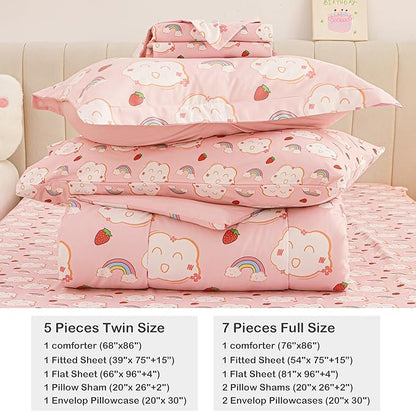Mooreeke Bed in a Bag for Kids Girls Teens, 7 Pieces Full Size Comforter Bed Set with Shams, Sheet Set, Rainbow Cloud Strawberry Pink Super Soft Microfiber Kids Comforter Bedding Set