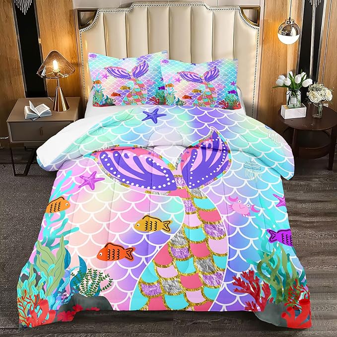 Mermaid Tail Comforter Set Queen Size, 3Pcs Rainbow Mermaid Fish Scales Bedding Set, Microfiber Kids Bedding Glitter Mermaid Tail Pattern Decor for Girls Bedroom1 Comforter 2 Pillowcase