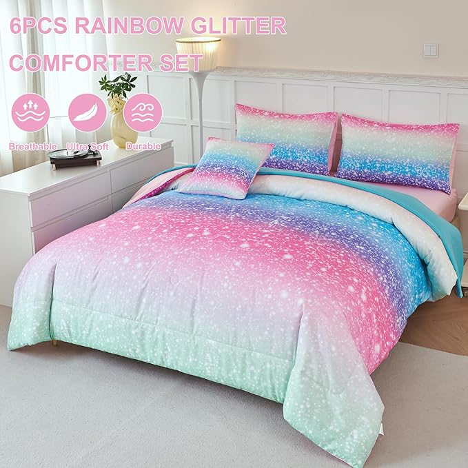 PERFEMET Rainbow Queen Comforter Set with Sheets, 6 Pieces Blue Green Bedding Sets for Girls, Tie Dye Ombre Bed Set for Bedroom Decoration, Lightweight All Season Bed in A Bag