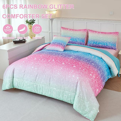 PERFEMET Blue Green Twin Comforter Set for Girls, 6 Pcs Colorful Rainbow Kids Bedding Sets, Tie Dye Ombre Twin Comforter Set with Sheets, Gradient Glitter Bed Sets for Bedroom Decoration