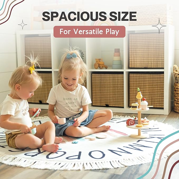 Round ABC Rug for Kids Playroom - 4ft Lovely Boho Rainbow Rug, Ultra Soft & Non Slip - Alphabet Circle Area Carpet for Nursery Toddler Baby Room - Colorful Cute Decor Mat for Girl & Boy, 47 inch