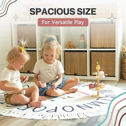 Round ABC Rug for Kids Playroom - 4ft Lovely Boho Rainbow Rug, Ultra Soft & Non Slip - Alphabet Circle Area Carpet for Nursery Toddler Baby Room - Colorful Cute Decor Mat for Girl & Boy, 47 inch