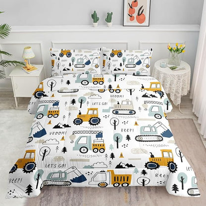 Datura home Kids Cartoon Excavator Bedding Comforter Sets for Boy and Girls,Construction Truck Bulldozer Tree Pattern Comforter Set with 2 Pillowcase and 1 Comforter(Excavator Full)
