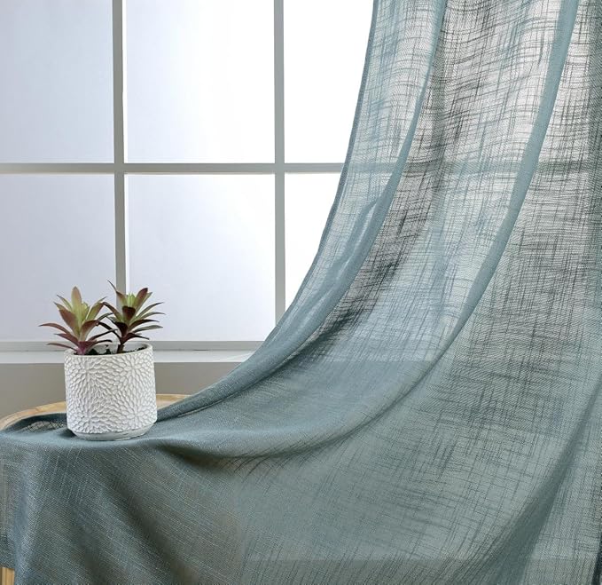 MIUCO Semi Sheer Curtains Poly Linen Textured Solid Grommet Curtains 63 Inches Long for Living Room 2 Panels (2 x 37 Wide x 63" Long) Teal