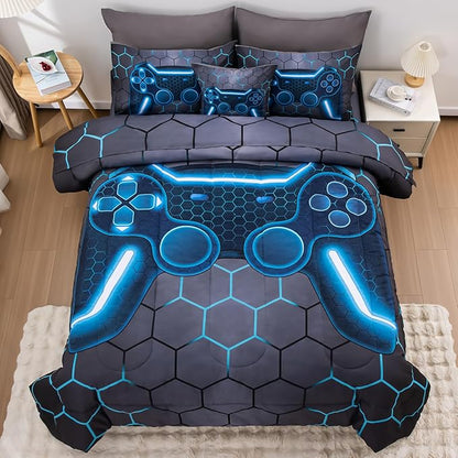 8Pcs Game Console Comforter Set with Sheets for Boys Girls Kids Teens, Geometric Gaming Themed Bed in A Bag Twin Size, Blue 3D Video Gamer Controller Bedroom Decor Bedding Set-Blue