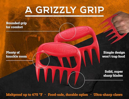 Bear Paws Meat Claws - The Original BBQ Meat Shredder Claws - Red | Shredder Claws for Pulled Pork, USA Made - Easily Lift, Shred, Pull and Serve Pork, Chicken, Brisket and Turkey