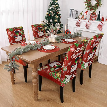 U'Artlines Christmas Chair Covers Set of 6, Removable Washable Merry Christmas Dining Chair Seat Covers Stretch Protector Slipcovers for Dining Room Kitchen Holiday Party Decor, Snowman