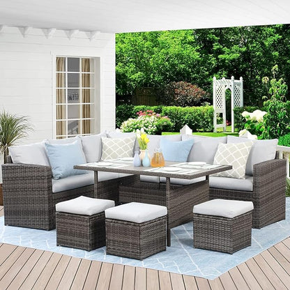 7 Piece Wicker Rattan Outdoor Dining Set with Dining Table and Ottomans, Patio Table and Chairs Set