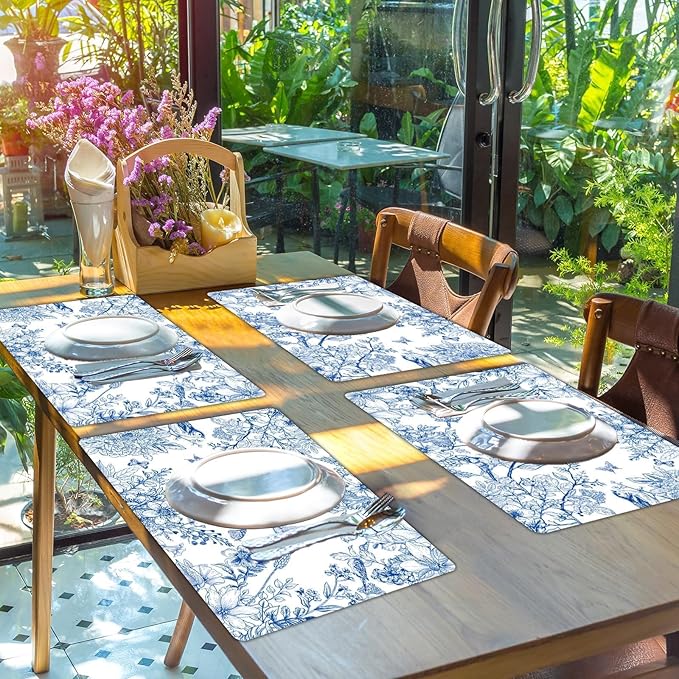 Blue Floral Placemats Set of 6 Flower Bird Plastic Table Mats Seasonal Spring Placemats Chinoiserie Place Mats Rustic Vintage Table Decoration for Indoor Outdoor Party Kitchen Dining