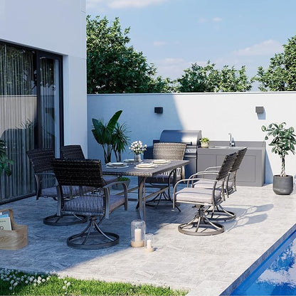 Pamapic 7 Piece Patio Dining Set for 6,Outdoor Wicker Furniture Set for Backyard Garden Deck Poolside with 6 Cushions Swivel Rocker Chairs,Iron Slats Table Top, Removable Cushions(Gray)