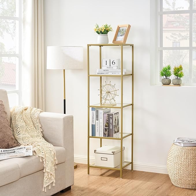 5-Tier Bookshelf,Metal Bookcase,Tempered Glass Shelves,Storage Rack Shelf for Home Office,Living Room,Bedroom, Bathroom,Modern Style,Golden