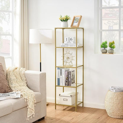 5-Tier Bookshelf,Metal Bookcase,Tempered Glass Shelves,Storage Rack Shelf for Home Office,Living Room,Bedroom, Bathroom,Modern Style,Golden