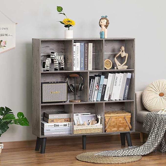 LEYAOYAO 8 Cube Bookshelf,3 Tier Bookcase with Legs,Modern Grey Mid-Century Bookshelves,Large Farmhouse Open Storage Organizer Shelf, Retro Wooden Display Book Case for Bedroom,Living Room,Office
