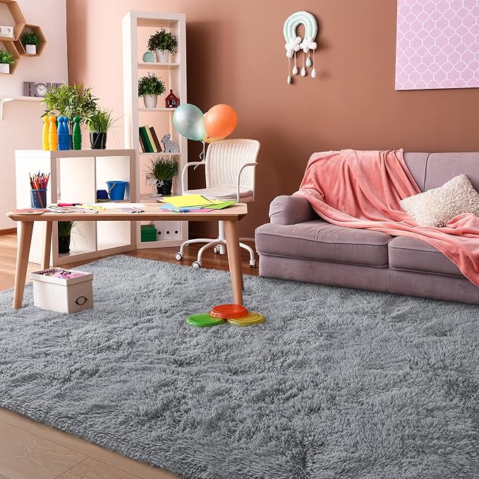 Super Soft Fluffy Shaggy Rugs for Living Room Bedroom, Fuzzy Plush Area Rugs for Girls Kids Room Nursery Home Decor, Furry Dorm Throw Rug Cute Non-Slip Indoor Floor Carpet 5x8 Feet, Grey