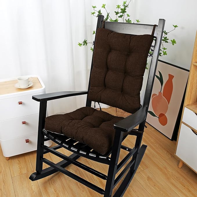 BUYUE Chair Cushion Set for Rocking Chair, Back Pillow & Seat Cushion with Ties, Original Woven Fabric Non-Slip Chair Pads for Elderly Sitting, Chocolate