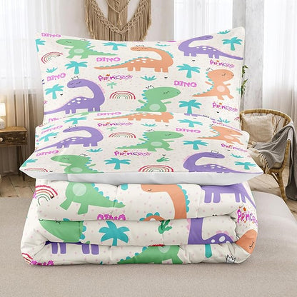 NINENINE Dinosaur Bedding Sets for Kids,Twin Comforter Sets for Girls,Girls Dinosaur Comforter Bedding Sets,Kawaii Cartoon Comforter Sets with 1 Comforter 1Pillowcase