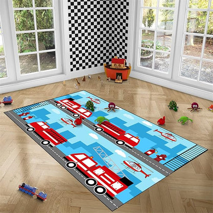 Car Rug Play Mat Car Rug Play Mat Car Rug for Boys Room Fire Fighting Truck Red Car Printed Rug Play Rug for Cars and Trucks Play Rugs for Kids Rooms,Light Blue 5'×7'
