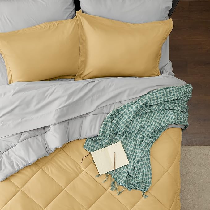 Bedsure Yellow Queen Comforter Set - 7 Pieces Reversible Queen Bed in a Bag Queen Bed Set with Comforters, Sheets, Pillowcases & Shams, Queen Bedding Sets