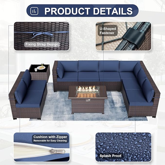 Patio Furniture Sectional Sofa 10PCS PE Rattan Patio Conversation Set w/43in Gas Fire Pit Table, Patio Outdoor Furniture with 55000 BTU Propane Fire Pit, Navy Blue