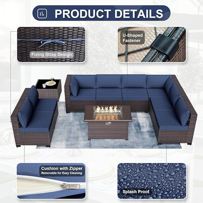 Patio Furniture Sectional Sofa 10PCS PE Rattan Patio Conversation Set w/43in Gas Fire Pit Table, Patio Outdoor Furniture with 55000 BTU Propane Fire Pit, Navy Blue