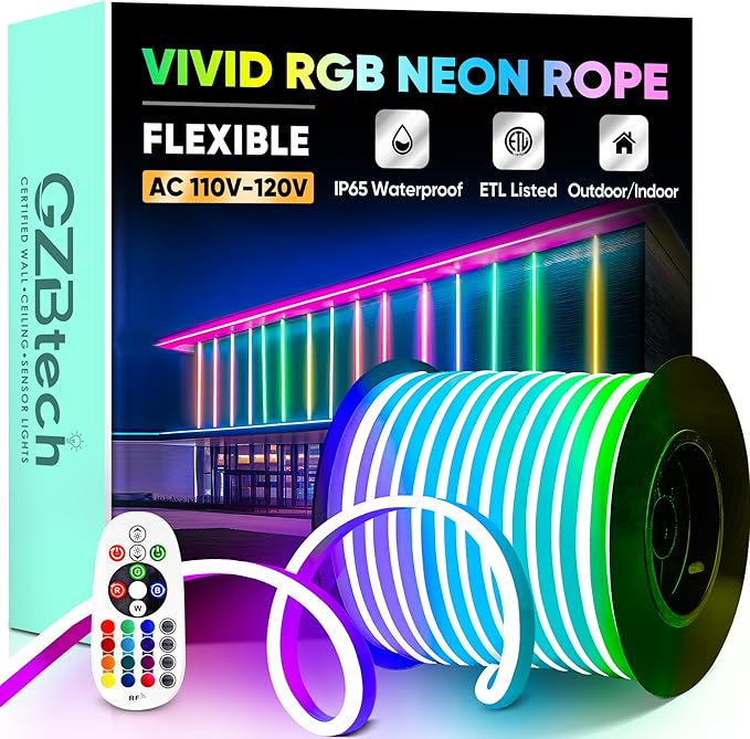 GZBtech RGB LED Neon Rope Lights 133FT/40M, AC 110-120V Waterproof Color Changing LED Rope with Remote Controller, Dimmable Multi Color Neon Rope Lighting for Indoor Outdoor Commercial Use